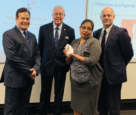 Professor Andy West, Sir Gerard Newcombe and Associate Professor Felix Stravens with Nilima Paul